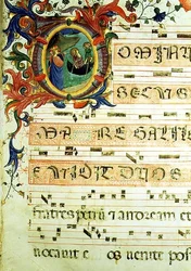 Ms 558 f.9r Történeti kezdetű „O”, amely Szent Péter és Szent András elhívását ábrázolja kottajelzéssel, egy misekönyv oldalának részlete, 1430-as évek eleje (vellum) (a részleteket lásd: 78833 és 88929)