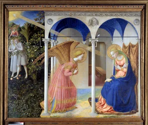 Az Angyali üdvözlet (a háttérben Ádám és Éva kiűzetett a Paradicsomból), c. 1445 (tempera és arany a panelen)