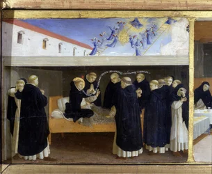 Szent Domonkos halála (1221) - a „Mária megkoronázása“ alsó része (predellája), amely a sírnál álló Krisztust és Szent Domonkos, az Angelico által követett rend alapítójának életéből vett hat jelenetet ábrázol, Guido di Pietro műve