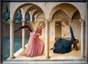 Angyali üdvözlet. Guido di Pietro (vagy Fra Giovanni da Fiesole), Fra Angelico vagy il Beato néven ismert művész (1400-1455) freskója. 1442, 230 cm x 321 cm, San Marco Múzeum, Firenze.