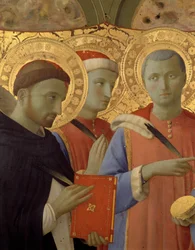 Annalena oltárképének részlete: Szent Péter vértanú, Szent Kozimo (Gyere vagy Cosimo) és Szent Damien (tempera fán) portréi