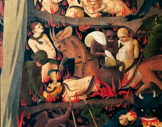 Pokol démonokkal, akik a kapzsiakat büntetik, részlet Giovanni da Fiesole Utolsó ítéletéből, Fra Angelico néven (1400-1455 körül), tempera a fán
