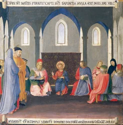 Betét, amely az orvosokkal folytatott vitát ábrázolja a templomban, az Armadio degli Argenti (Ezüstláda) panel Jézus életével
