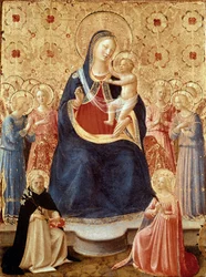 Madonna és gyermeke angyalokkal, Szent Domonkos és Alexandriai Szent Katalin, 1435 körül (tempera és arany, tábla)