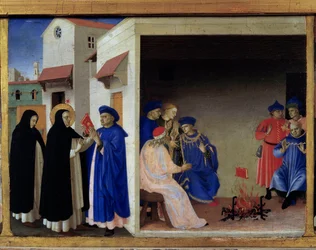 A Szűz megkoronázásának predellája: az albigensek előtt tűzbe vetett könyv csodája. Szent Domonkos megcáfolja a kathar eretnekséget. Louvre, Párizs