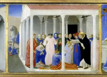 Szent Domonkos (1170-1221) feltámasztja Napoleone Orsinit, a „Mária megkoronázása“ alsó része (predellája), amely a sírnál álló Krisztust és Szent Domonkos, az Angelico által követett rend alapítójának életéből vett hat jelenetet ábrázol