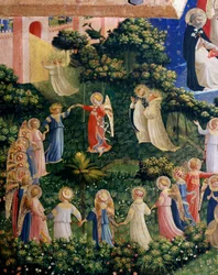 A Paradicsom utolsó ítéletének részlete, az aranyló lelkek köre. Detrempe fán Guido di Pietro (vagy Fra Giovanni da Fiesole) Fra Angelico vagy il Beato (1400-1455) műve. Mérete 105x210 cm Szent Márk Múzeum. Firenze