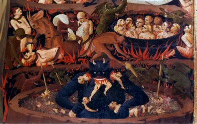 Az utolsó ítélet: az alvilág részlete. Kárhozottak a pokoli körökben, démonok kínozzák őket. Guido di Pietro (vagy Fra Giovanni da Fiesole), más néven Fra Angelico vagy il Beato (1387-1455) fatáblára készült temperájának részlete