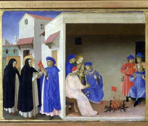 Szent Domonkos csodája: a szent átadja az albigenseknek az eretnekségüket cáfoló könyvet, az albigensek pedig sikertelenül próbálják elégetni - Guido di Pietro (más néven Fra Giovanni da Fiesole), azaz Fra Angelico „Mária megkoronázása“ című művének