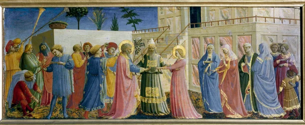 Predelle szűz esküvője. Guido di Pietro (vagy Fra Giovanni da Fiesole) festménye fára, Fra Angelico ou il Beato (1400-1455)