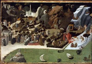 Thebaide - Jelenetek a sivatagi atyák életéből (Thebaid) - Fra Giovanni (Guido di Pietro) festménye Fra Angelico (1387-1455) - 1420 - Tempera panelen - 73,8x1 cm - Művészeti Múzeum, Budapest