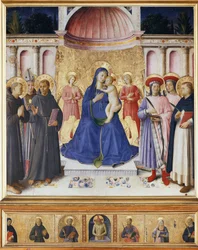 Szűz és gyermek hat szenttel, Páduai Szent Antal, Toulouse-i Szent Lajos, Szent Ferenc, Szent Kozma és Damianus, Veronai Szent Péter. Bosco ai Frati oltárkép (Szent Péter vértanú)) (Fafestmény