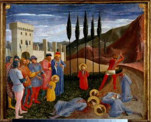 Szent Cosimo (Gyere vagy Cosimo) és Damien vértanúhalála. Saint Cosme és Saint Damien, a 3. században született ikertestvérek, orvosdoktorok, majd fejedékekig kínozták. Guido di Pietro (vagy Fra Giovanni da Fiesole) Detrempe a fán, Fra Ange