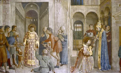 Szent Sixtus Szent Lőrincre bízza az egyház kincseit, Szent Lőrinc pedig alamizsnát oszt