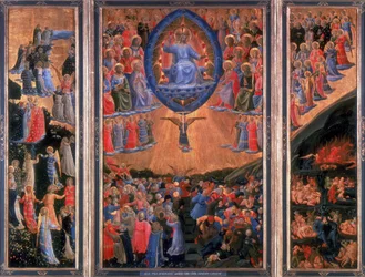 Az utolsó ítélet”. Mennyország, bal, pokol, jobb. Krisztus a központi panelben ítélkezik. Fra Angelico (1400-1455) firenzei festő. Triptichon. Tempera a fedélzeten. Staatliche Múzeum, Berlin.