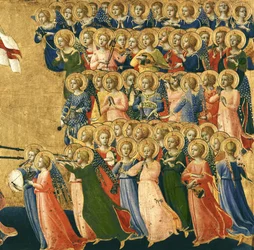 Krisztus megdicsőült a menny udvarában, zeneangyalok részlete jobbról, 1419-35 (tempera a panelen) (4052 részlet)