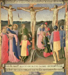 Krisztus a kereszten a két tolvaj között, részlet a Santissima Annunziata ezüstkincstárának negyedik táblájáról, 1450-53 körül (tempera a panelen)