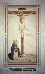 A keresztre feszítés Szent Domonkossal. "INRI"" felirat a kereszten. Guido di Pietro freskója
