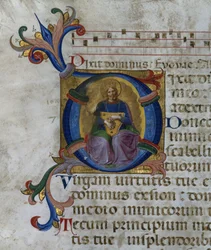 Ms 531 f.169v Történelmi „D” kezdőbetű, amely Dávid királyt ábrázolja lírájával, egy San Marco és Cenacoli zsoltárból