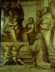 A Nagytanács oltárképe, a Szűzanya bal oldalán összegyűlt szenteket ábrázoló részlet, 1510