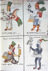 Az ókori mexikóiak istenei, Huitzilopochtli, Tezcatlipoca, Tlaloc és Paynal, spanyol nyelvű szöveg, Bernardino de Sahagun Új-Spanyolország dolgainak általános története, más néven firenzei kódex kéziratának fakszimiléjéből