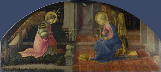 Angyali üdvözlet. Fra Filippo Lippi (1406-1469) festménye, 1448-1450 körül. Tempera fán. Méretek: 68,6 x 152,7 cm. London, National Gallery.