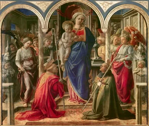 A Szűzanya a gyermekkel, angyaloktól körülvéve, Szent Frediano (Fridianus de Lucca vagy Frigidanus, Frigidian, Frigianu) és Szent Ágoston, Pala Barbadori néven ismert, Filippo Lippi (1406-1469) oltárképe, 1437-1438. A Barbadori család megrendelésére a Bar