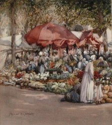 Piac napja, Észak-Franciaország 1910 körül (akvarell papíron)
