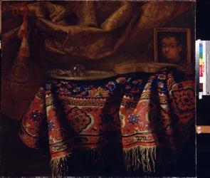 Csendélet önarcképpel. (Csendélet önarcképpel). Francesco Fieravino festménye (1610 és 1660 között). Olasz művészet, barokk stílus. Regionális A. Deineka Művészeti Galéria, Kurszk, Oroszország