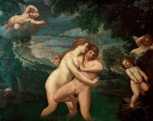 Szalmakisz a fürdőben, Hermaphroditosz visszautasítja. A Hermész és Aphrodité fiába szerelmes Szalmakisz nimfa elutasítva látja közeledését - Francesco Albani, más néven l