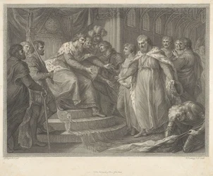 Edward, Wales hercege, a poitiers-i csata után apja, III. Edward elé vezeti a fogságba esett francia János királyt és fiait