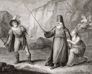 Prospero lefegyverzi Ferdinándot. Shakespeare. A vihar (metszet)