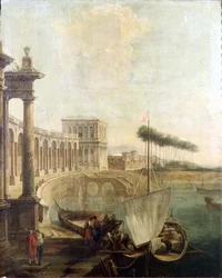 Capriccio, kikötő, kompot rakodó alakokkal