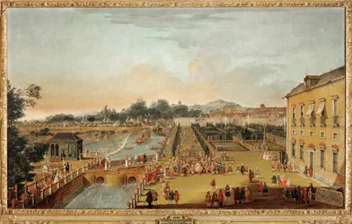 VI. Ferdinánd spanyol király és Barbara Braganza királyné és vendégeik az Aranjuez-palota kertjében (festmény, vászon)