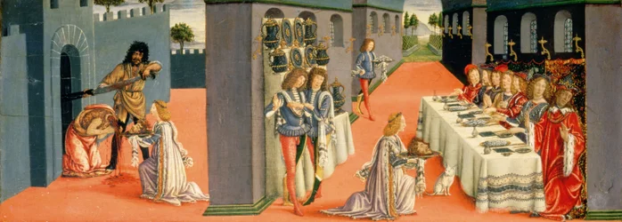 Jelenetek Keresztelő Szent János vértanúságából, predella panel a Szentségi Sátorból, 1484-6 körül (tempera a panelen) (részlet 94757-ből)