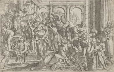 Szent Rókus balra alamizsnát osztott a körülötte összegyűlt embercsoportnak, ..., 1590-1600 után.
