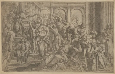 Szent Rókus balra alamizsnát osztott a körülötte összegyűlt embercsoportnak, miután A..., kb. 1607.