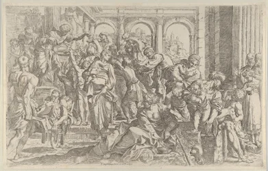 Szent Rókus balra alamizsnát osztott a körülötte összegyűlt embercsoportnak, af..., kb. 1590-1600.