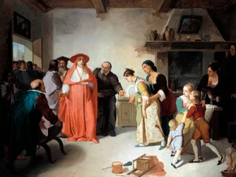 Borromeo bíboros meglátogatja Lucyt a szabóházban, jelenet Alessandro Manzoni (1785-1873), Francesco Coghetti (1804-1875) Eljegyzésében című filmből, olaj, vászon, 35,3 x 47,4 cm