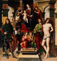 Madonna gyermekével, angyalokkal és szentekkel, Francesco Francia (1450-1517), San Giacomo Maggiore templom, Bologna, Olaszország