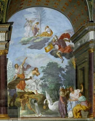 Lawrence de Medici il Magnificent (1449-1492) halálának allegóriája. Jobb oldalon a sorsistenségek, a kabinetek (vagy parkok) ábrázolása: Clotho, Lachesis és Atropos. Francesco Furini freskója (160).
