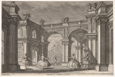Két hölgy és két úr táncol egy díszes építészeti környezetben, egy szökőkút a..., 1765.