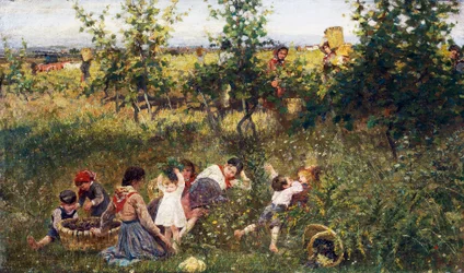 Szőlőszüret, Francesco Gioli (1846-1922) festménye, Olaj, vászon, 39, 5x66 cm