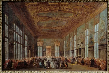 A velencei dózse Alvise IV Mocinego (1701-1778) reggelit kínál a nagyköveteknek Francesco Guardi (1712-1793) festménye 18. századi V. 0,67x1,01 m Nantes, Szépművészeti Múzeum