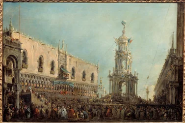 A velencei dózsa részt vesz a Szent Márk téren megrendezett Gras Csütörtök ünnepségen. Alvise IV. Mocenigo (1701-1778) akrobatikus előadásokon vesz részt a Dózse-palota erkélyéről. Francesco Guardi (1712-1793) festménye 1766-1770 V. 0,67x1 m