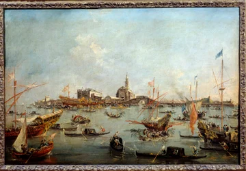 A dózse a Bucentauruson (Bucentoro) a velencei San Nicoloban a mennybemenetel napján Ez valószínűleg az Alvise IV Mocenigo dózse (1763-1778). Francesco Guardi (1712-1793) festménye 1775-1780 V. 0,67x1m