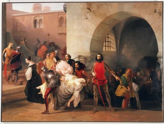Marco Visconti talált bicet rosate-i kastélyának pincéjében, Tommaso Grossi Marco Visconti című regényének témája, Francesco Hayez illusztrációja