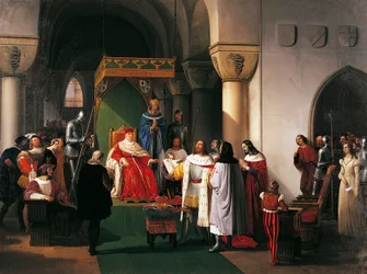 Filippo Maria Visconti, Milánó hercege visszaadja a koronát az aragóniai és navarrai királyoknak, akiket a genovaiak foglyul ejtettek, Francesco Hayez (1791-1882) műve