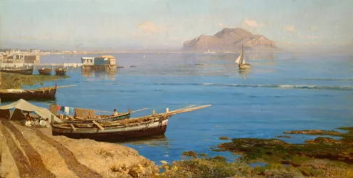Marina csónakkal és halászokkal, Francesco Lojacono (1838-1915), olaj, vászon, 61x118 cm
