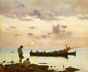 Marina halászhajóval és fiúkkal, Francesco Lojacono (1838-1915), olaj, vászon, 64x77 cm